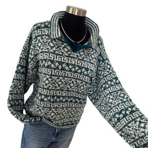 Vintage Studio HQ wool blend geometric fair isle speckled sweater teal white S